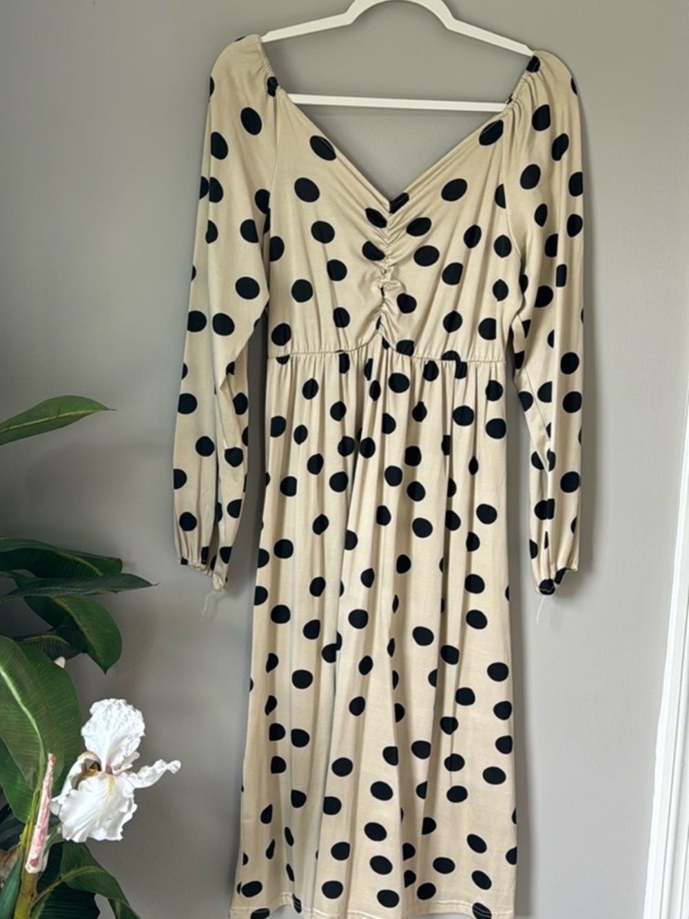 Beige Polka Dot Midi Dress with Long Sleeves